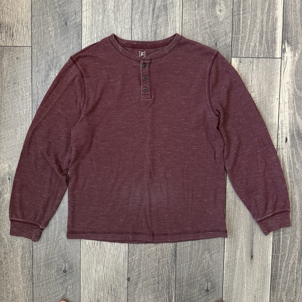 George Men's Thermal Henley Shirt Burgundy Long Sleeve Waffle Knit Size M 38-40
